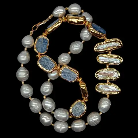 Y · YING, Пресноводный Культивированный серый жемчуг риса, белый Бива жемчуг, ожерелье с синими кианитами 23 дюйма