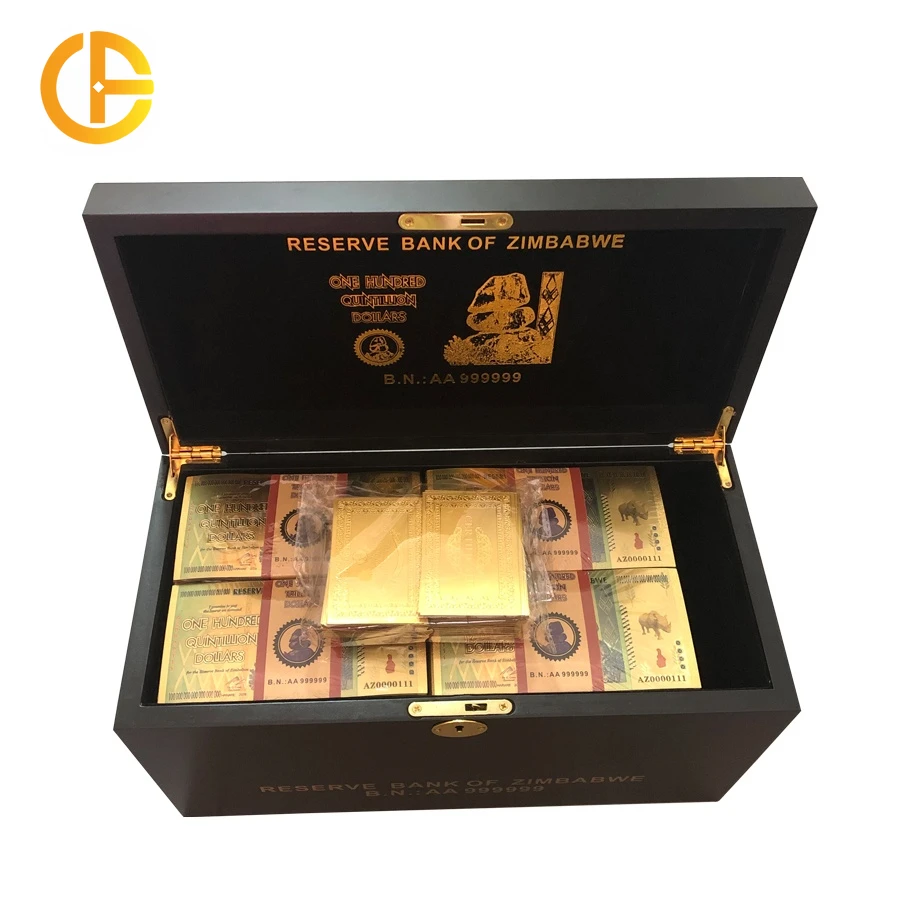 

Free Shipping 1200pcs/lot One Hundred Trillion/Quintillion Dollars Zimbabwe Gold Banknote in black wooden box about 5-7days