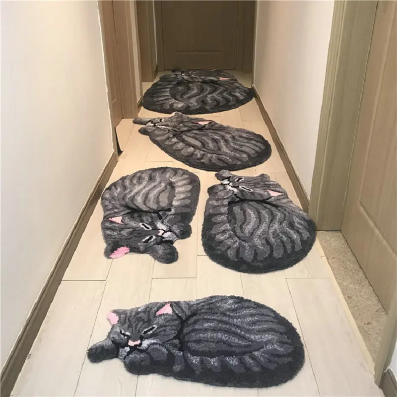 cute cat shape rug anti slip plush hand woven carpet mat living room bedroom bathroom door gray brown cats rugs free global shipping