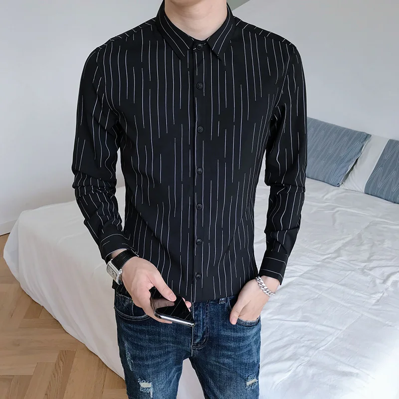 Осенняя Новинка рубашка в Вертикальную Полоску мужская с длинным рукавом