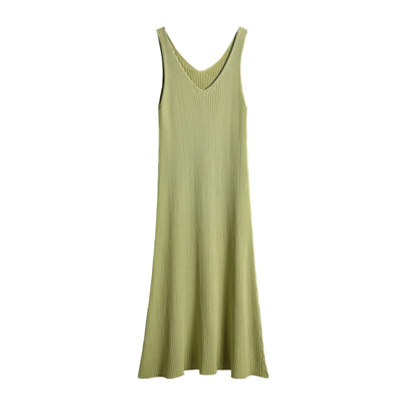 

Summer dress 2021V-neck Ice silk knitting strap dress sleeveless tank dress Spring Autumn thin Inside section mid-length skirt