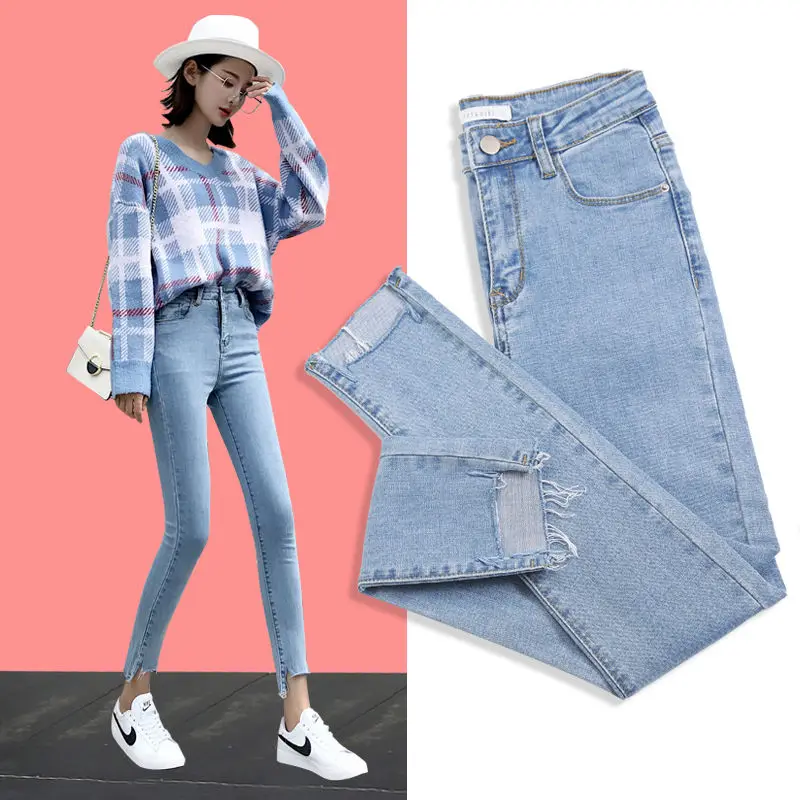

New jean for woman High Waist Hole High Elastic plus size Stretch Denim Jeans Washed female skinny pencil pants