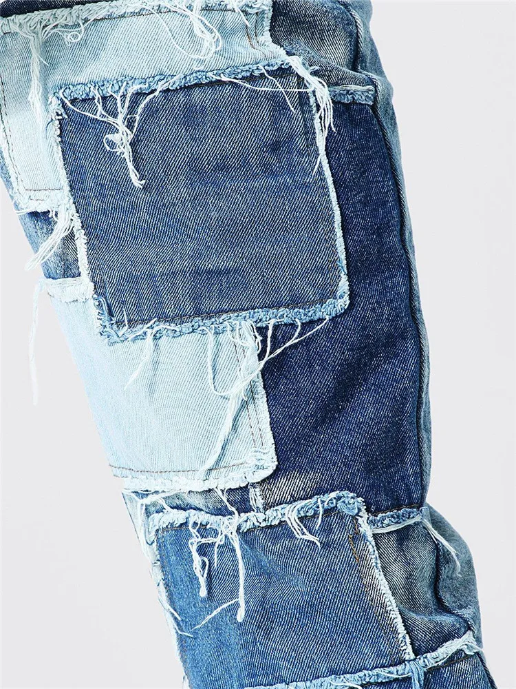 2021 New Men Jeans Slim Patchwork Color Lump Skinny Cacual Designer Black Blue Straight Long Pants Moto & Biker Streetwear S-3XL