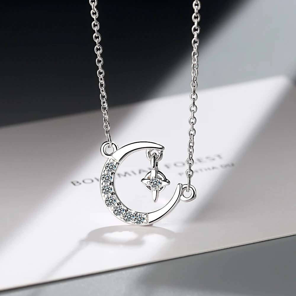 925 Sterling Silver Moon Stars Charm Pendant Necklace for Women Fashion Choker collier Lady | Украшения и аксессуары