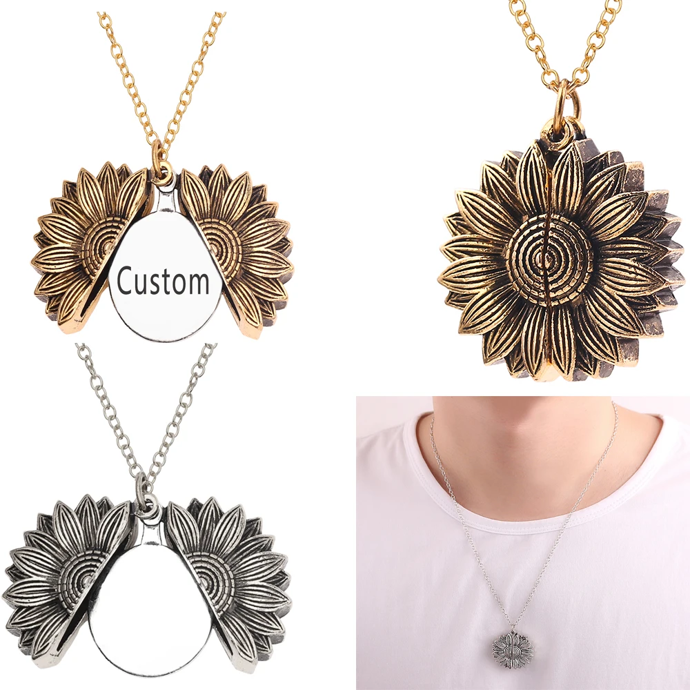 Ожерелье с подсолнухом на заказ надпись женское золото открытый медальон
