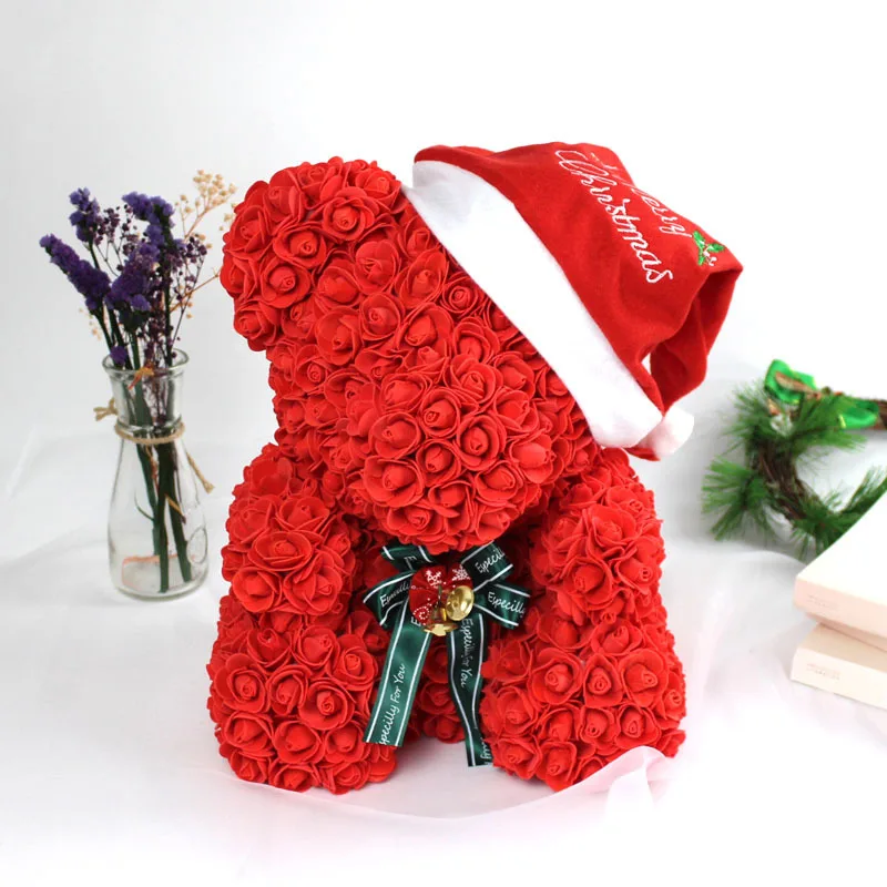 35cm Christmas hat Искусственные цветы Роза медведь многоцветный пластик пена роза цветок плюшевый медведь День Святого Валентина подарок День Рождения Вечеринка весеннее украшение - Цвет: 35cm Christmas hat