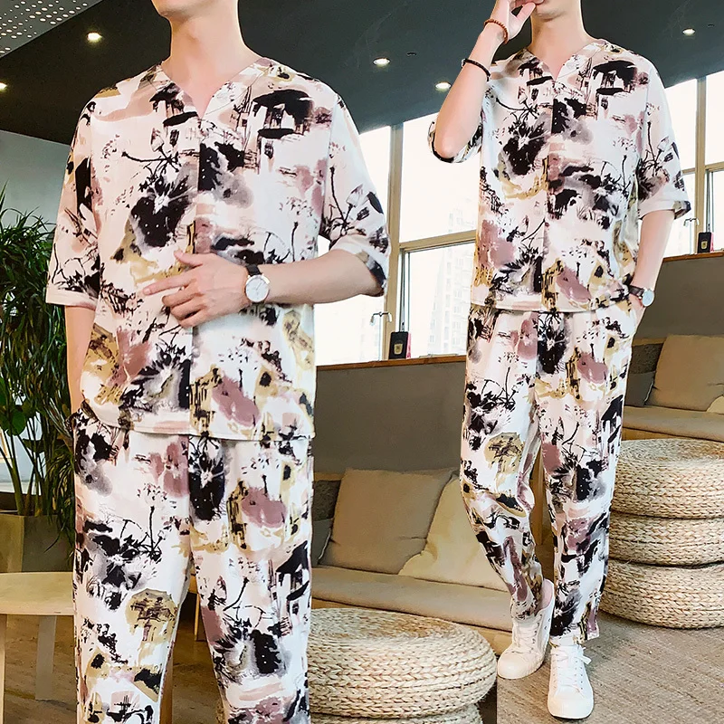 

Chinese Style Summer Sweatsuit Men Short Set Jogginganzug Herren Contrast Mens Set 2 Piece Set Men Moda Hombre Tracksuit Men Set