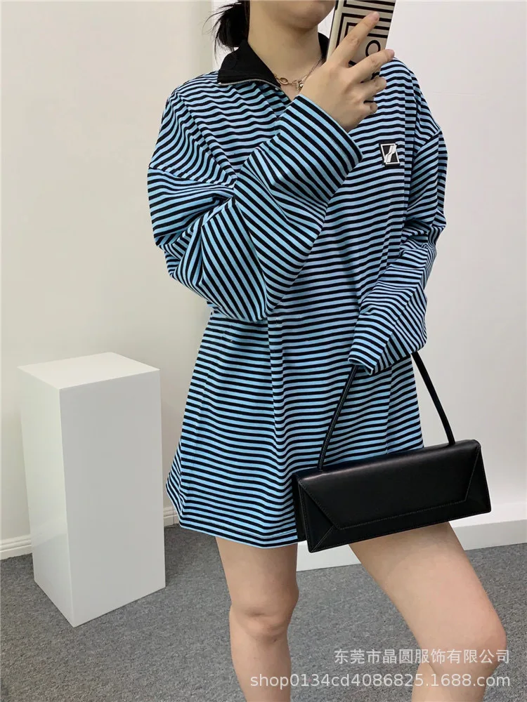 

Oversized Zip Up Turtleneck Striped Female Tops T-shirt for 2021 Autumn Designer Luxury Clothing Harajuku Kpop Plus Size
