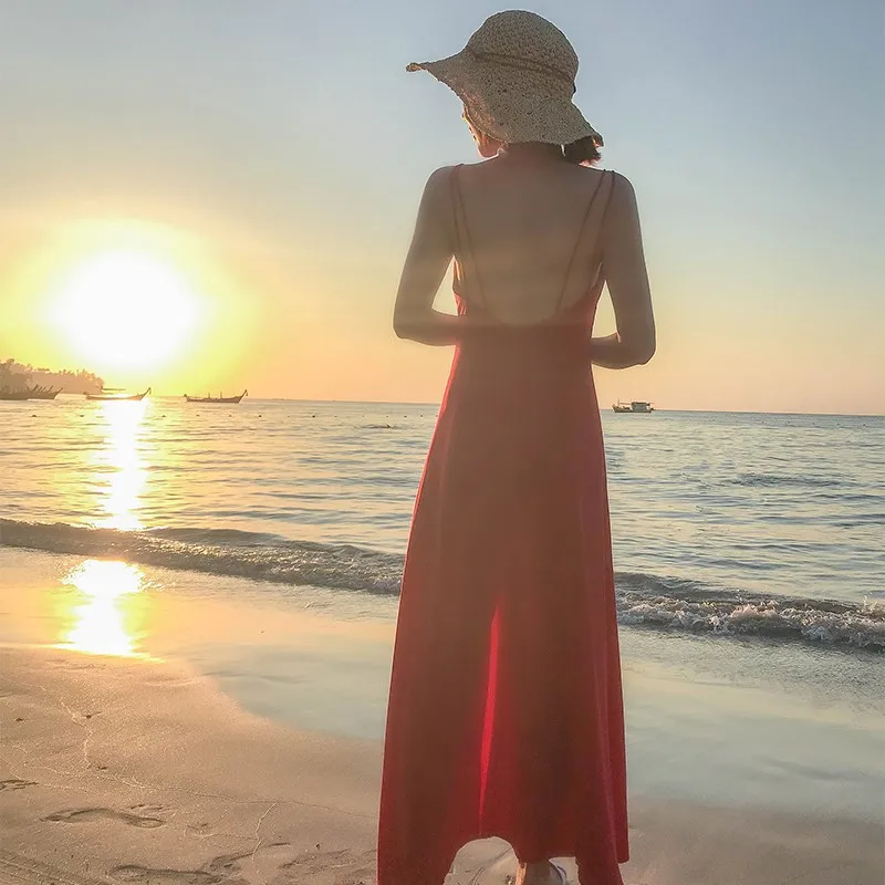 Женское пляжное платье TingYiLi с разрезом открытой спиной винно-красного цвета |