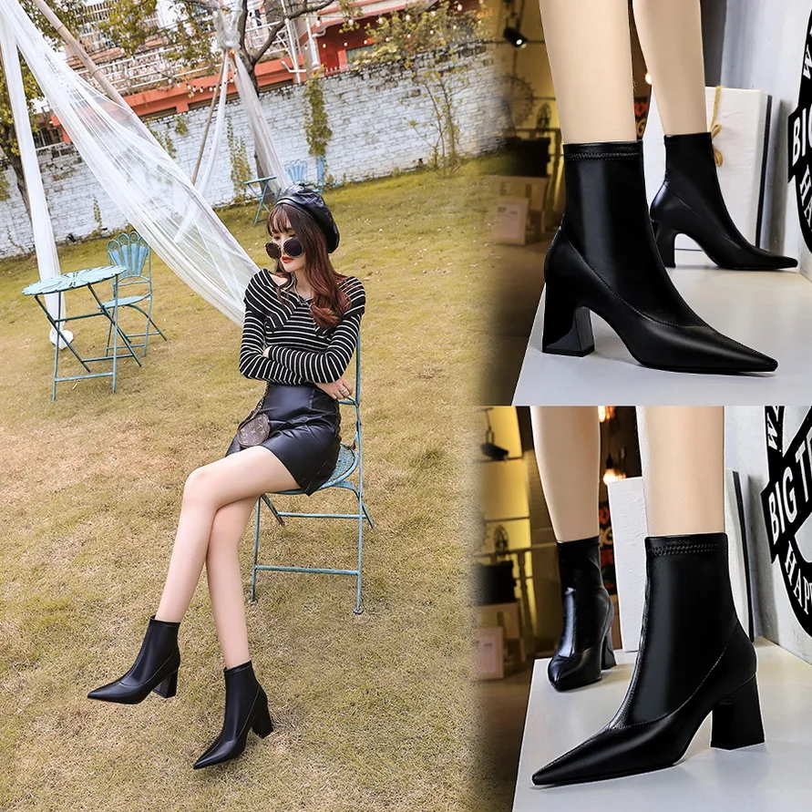 

Fashion Sexy Thick-heeled Women's Boots Pointed Toe Winter Boots Shoes