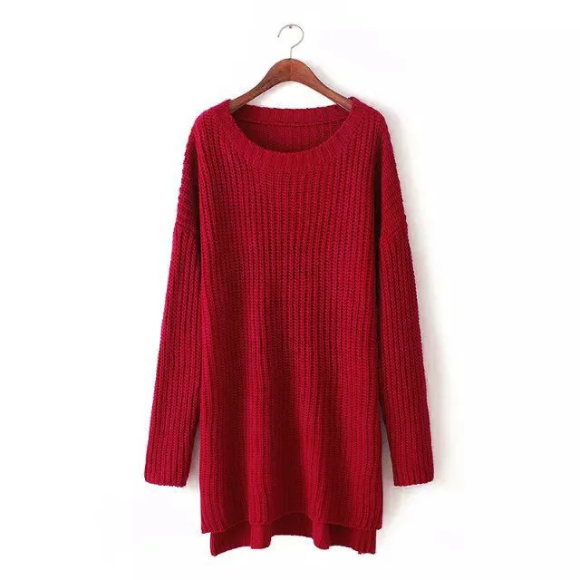 Europen Women Autumn Winter Long Pull Sweaters O neck Side Split Oversize Knitted Sweater Pullovers Fall Thick Sweaters