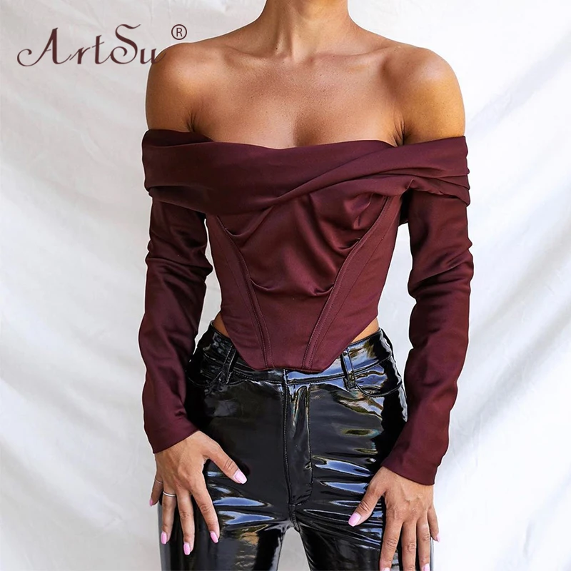 

ArtSu Sexy Off Shoulder Satin Corset Women Party Tops Long Sleeve Blouses Shirts Elegant Female Winter Spring Cropped Tops