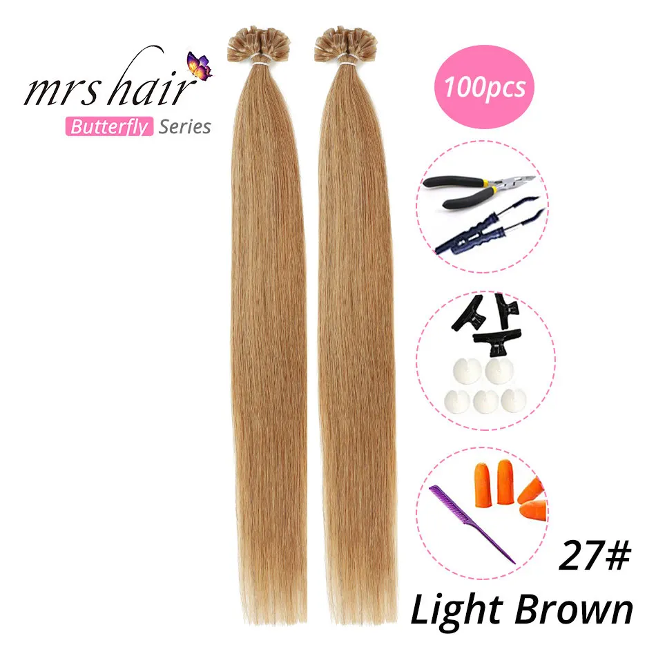 MRS HAIR, 1 г/шт., 14 дюймов, 16 дюймов, 20 дюймов, 24 дюйма, накладные волосы, прямые волосы Remy Nail, кератиновые человеческие волосы, 50 шт - Цвет: KUT27-100