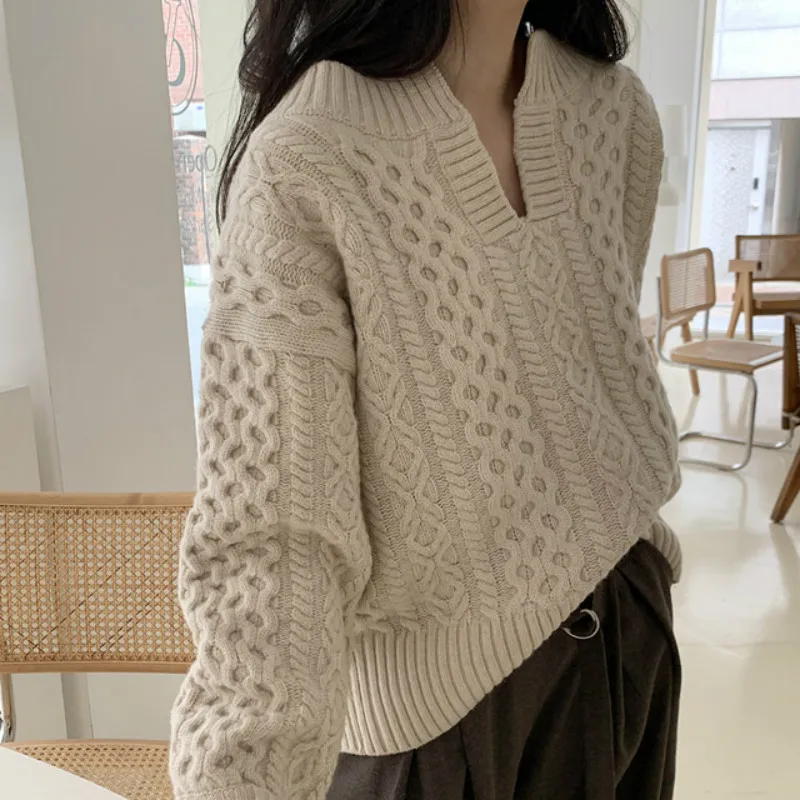 

Korean Chic Woman Sweaters Fall 2020 Women Clothes V-neck Heavy Ribbed Knit Pullovers Loose Sweet Puff Slleve Jumper Coat