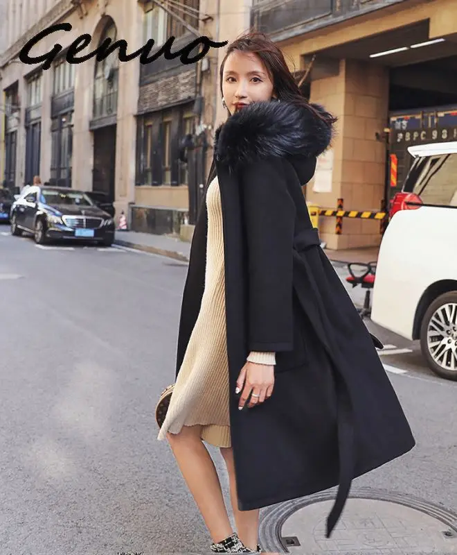 

Genuo Special offer middle-aged self-cultivation women's winter coat long woolen coat solid color fur collar cashmere coat