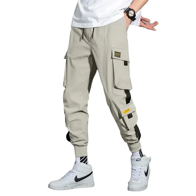 2021 Ribbons Black Men's Cargo Pants Side Pockets Casual Streetwear Pant Male Hip Hop Male Joggers Trousers Men Man Casual Pants