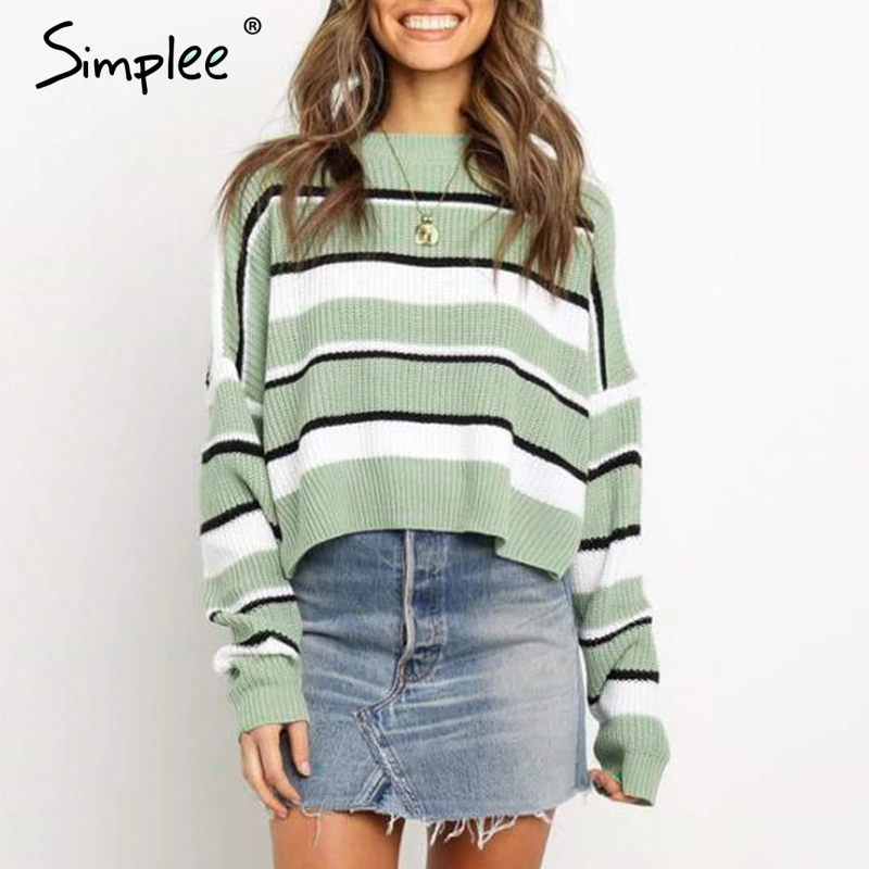 Simplee Stripes casual knitted women pullover sweater Long sleeve oversize autumn winter female jumper Streetwear ladies | Женская