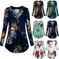 womens floral v neck long sleeve t shirt casual baggy tunic top blouse plus size