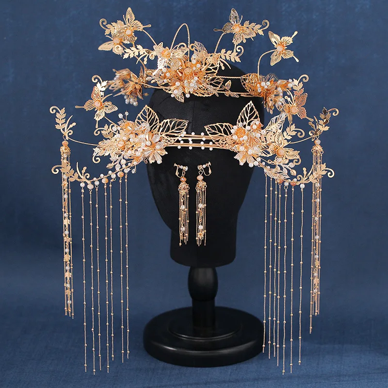 Шикарные китайские шпильки для волос ручной работы с жемчугом и золотой бабочкой