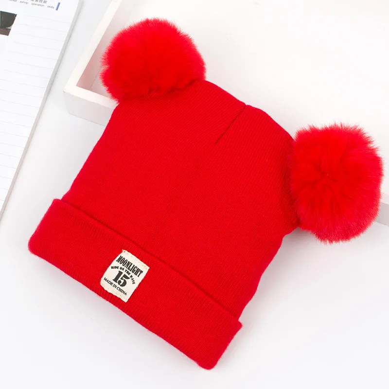 red Hat 1 предмет, модная зимняя детская шапка, Двойной Искусственный меховой вязаный шарик, шапочка, подарок, меховая шляпа с помпоном для девочек и мальчиков, детская шапка для детей 1-2 лет - Цвет: red Hat