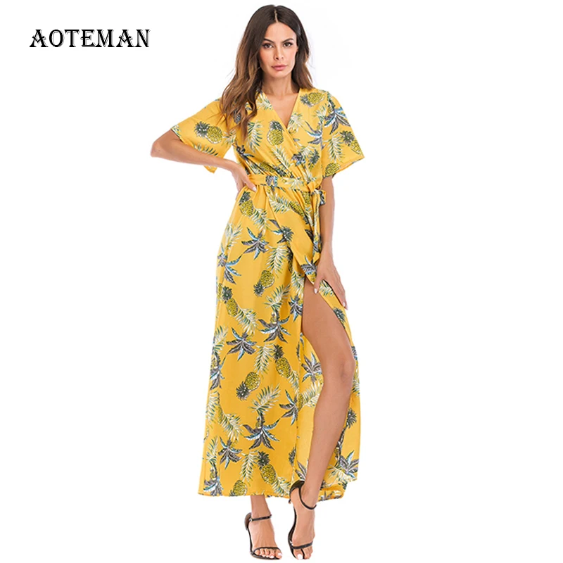 Женское летнее платье с принтом повседневное длинное v образным вырезом и