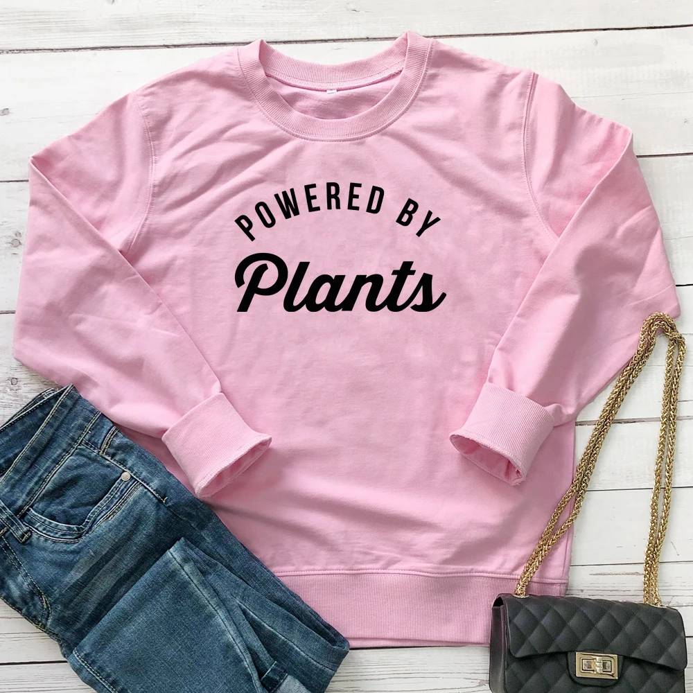 Powered By Plants 100% Cotton Sweatshirt Unisex Long Sleeve Vegan Pullovers Casual Women Crewneck Jumper Vegetarian Sweatshirts | Женская