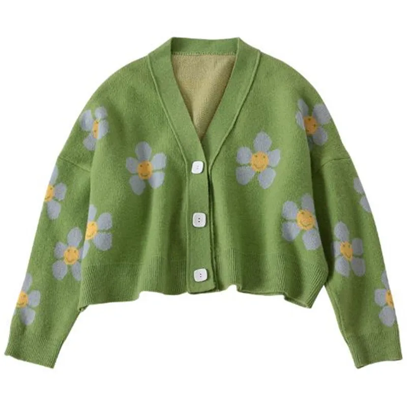 

Korean Style Flower Knit Cardigans Spring Autumn Sweater Women V Neck Loose Elegaht Thicked Pull Femme Print Short Casual Coat