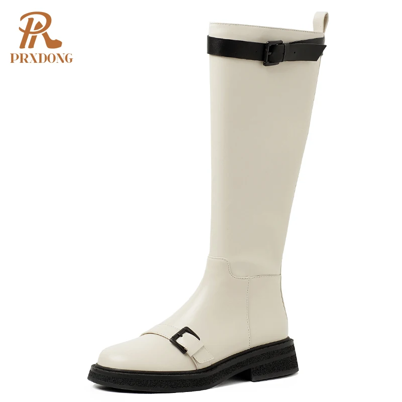 

New Women Knigh Boots Genuine Leather Thick Bottom Heel Platform Ladies Knee High Boots Zipper Buckle Strap Casual Riding Shoes