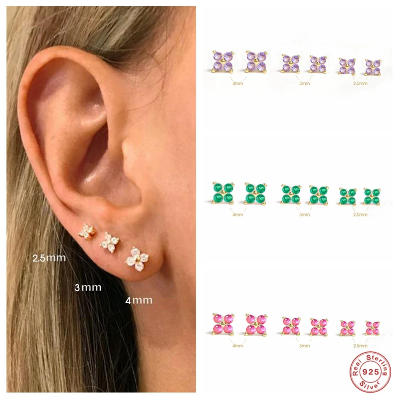 

Aide 925 Sterling Silver Colorful Zircon Sakura Flower Stud Earrings For Women 2.5/3/4mm Tiny Crystal Floret Ear Studs Jewelry