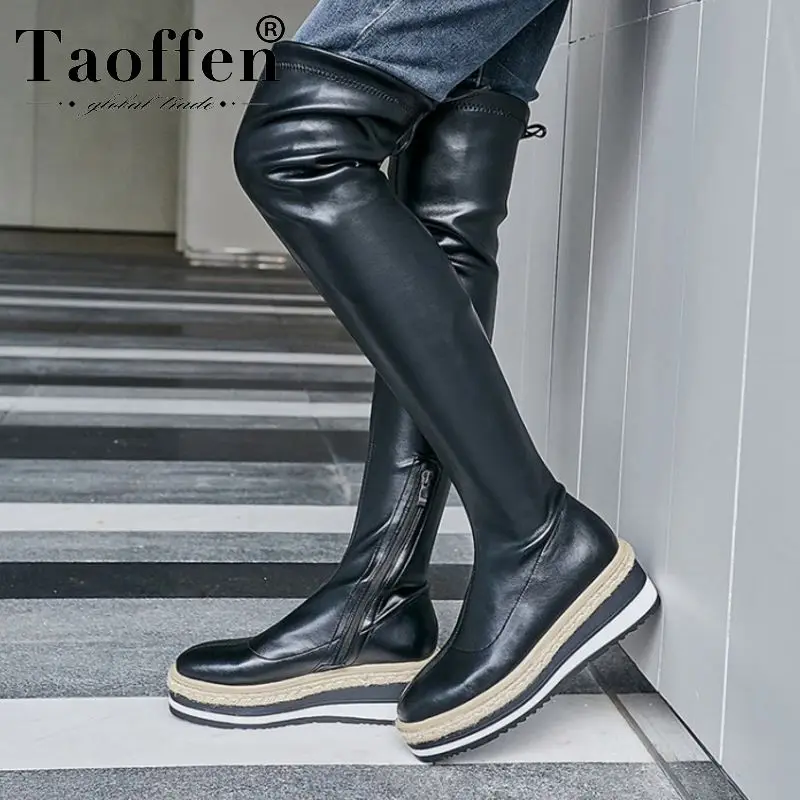 Женские ботфорты из натуральной кожи TAOFFEN черные Повседневные высокие сапоги