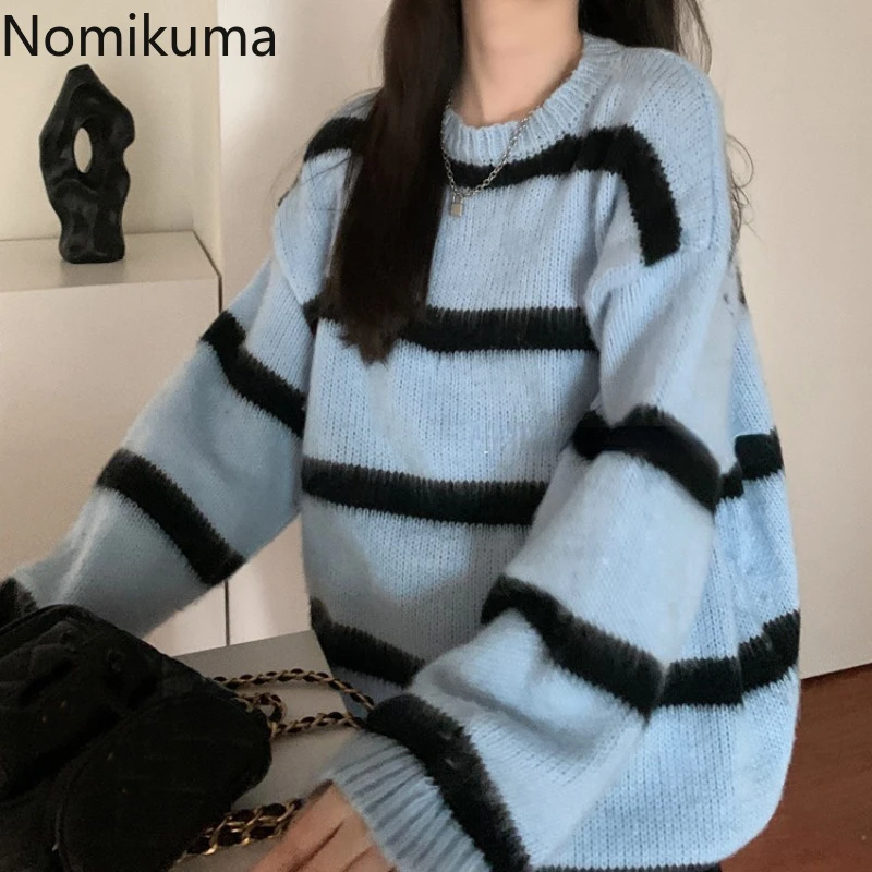 

Свитер Nomikuma в полоску, женский свободный пуловер с круглым вырезом, Осенний винтажный трикотажный свитер в Корейском стиле, повседневные ми...