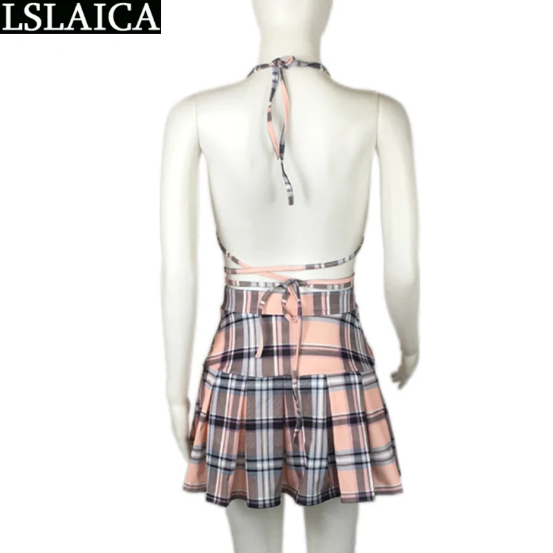 

Dropshipping Set Women Tube Top Mini Skirts Plaid Printed Backless Sexy Plus Size Women Clothing Two Piece Set Summer Fashion