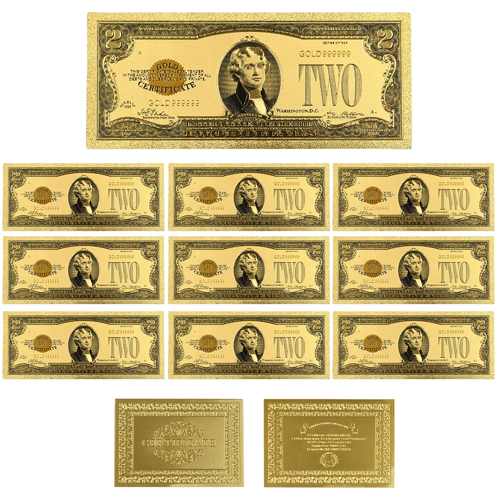 Hot Sale 1928 Years USA 24k Gold Banknotes Gold Plated Us 2 Dollar Bill Collections Bank Notes 10pcs/lot Currency Fake Money