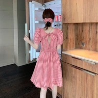 square neck back lace up puff sleeves one piece stylish womens clothing korean spring all match plaid dress match hair ring