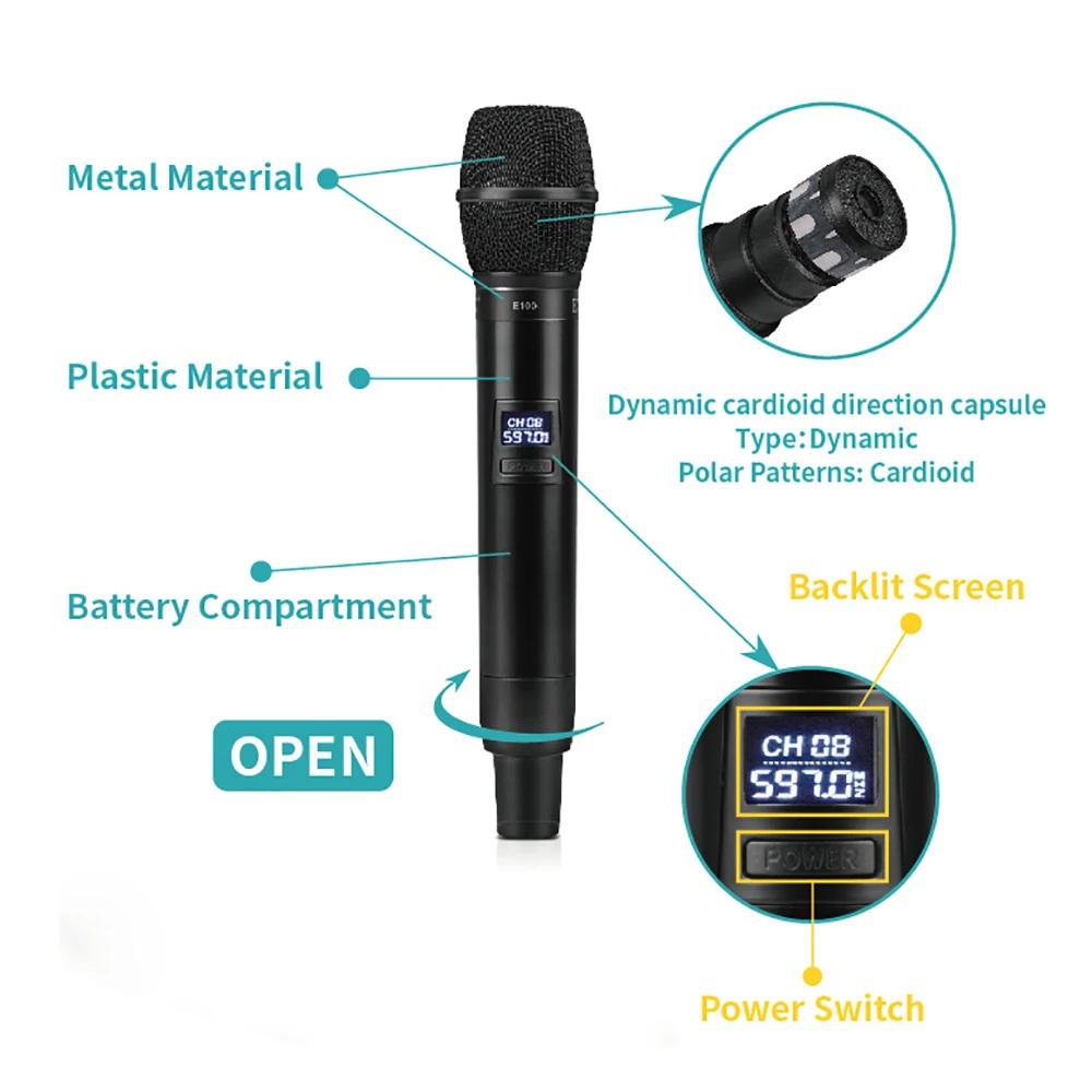 Беспроводная микрофонная система EYK E100 UHF с двойным ручным микрофоном 500 900 МГц на