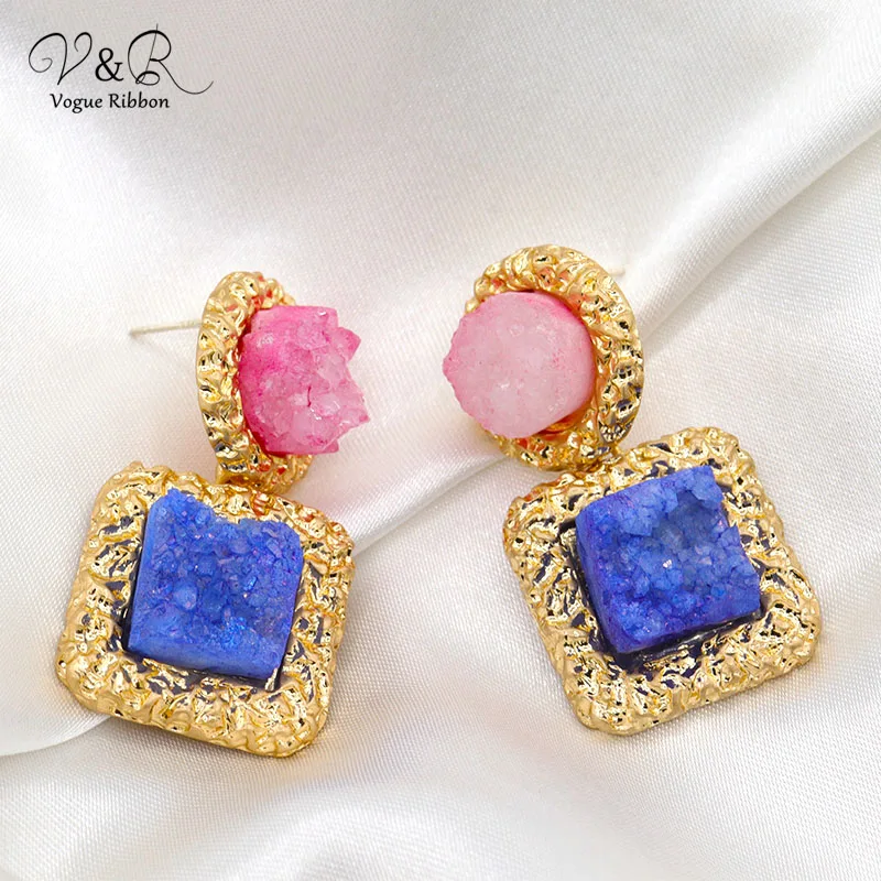 Синие розовые натуральные Подвески Друза кварцевые серьги-капли серьги с