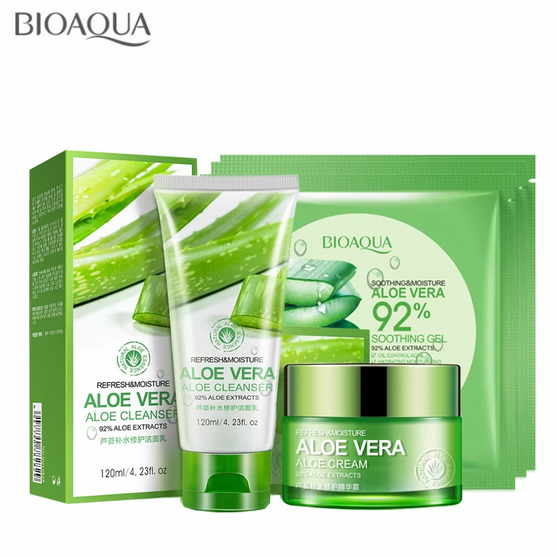 

5 шт./лот BIOAQUA Aloe Vera набор для ухода за кожей лица отбеливающий увлажняющий гель-крем для жирной кожи и Очищающая маска для лица * 3 шт.