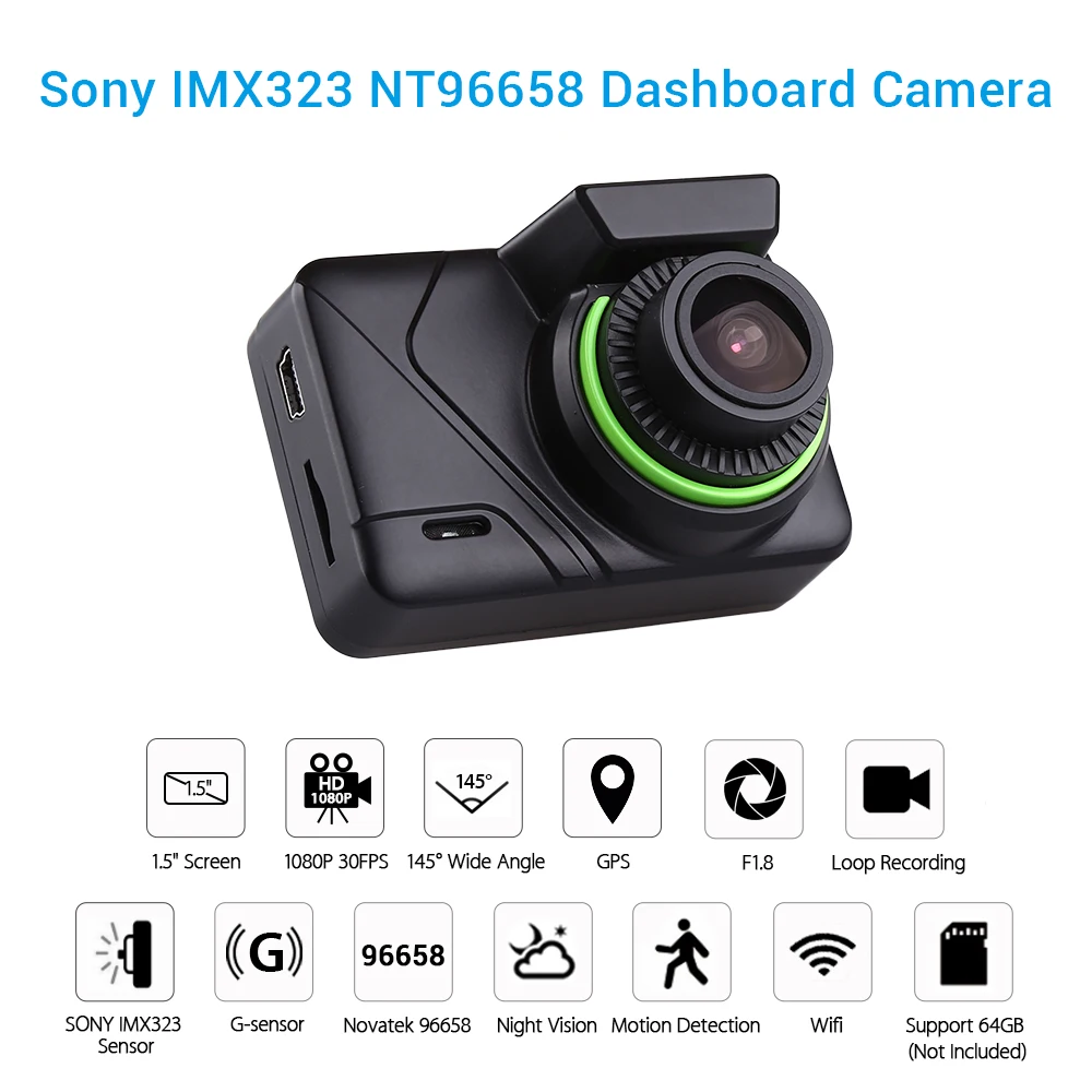 Мини видеорегистратор с Wi Fi GPS HD 1080P 1 5 дюйма 145 ° NT96658 30fps ночное