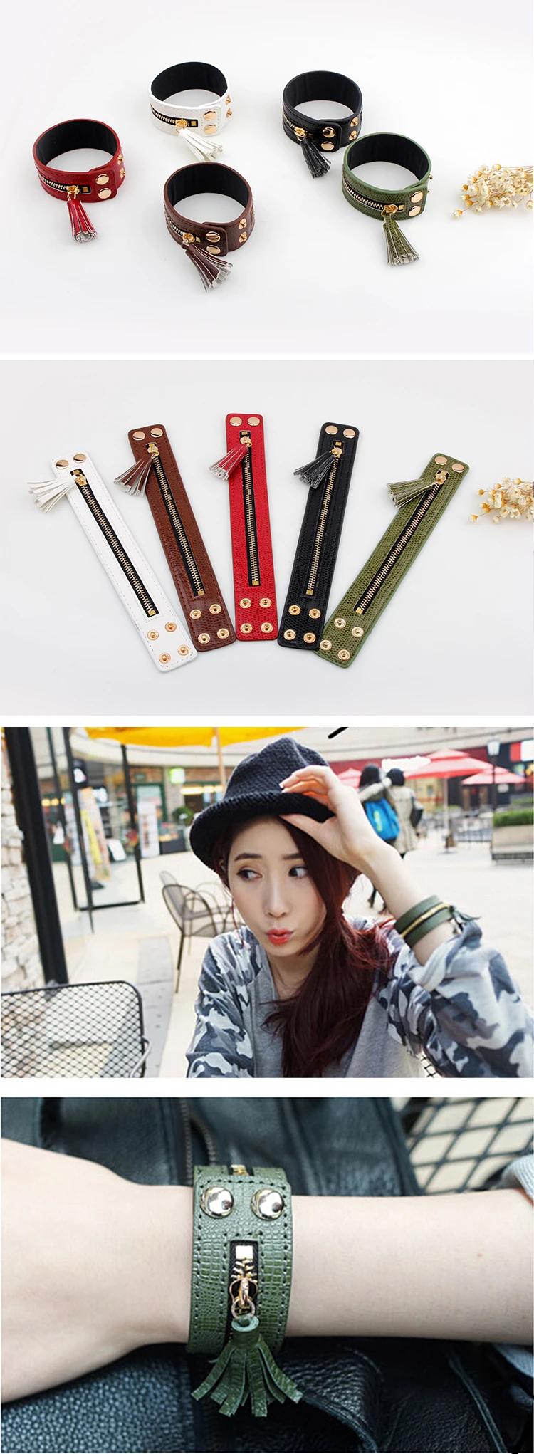 New Fashion Tasse Zipper Wide Leather Women Bracelet Trendy Adjustable Bracelets Bangles Woman Charm Jewelry Accessories