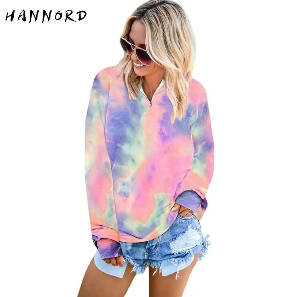 

Women Casual Tie Dye Sweatshirts Long Sleeve Loose Pullover Shirts Tops Zipper Color Block Lapel Pullover Blouse Tops