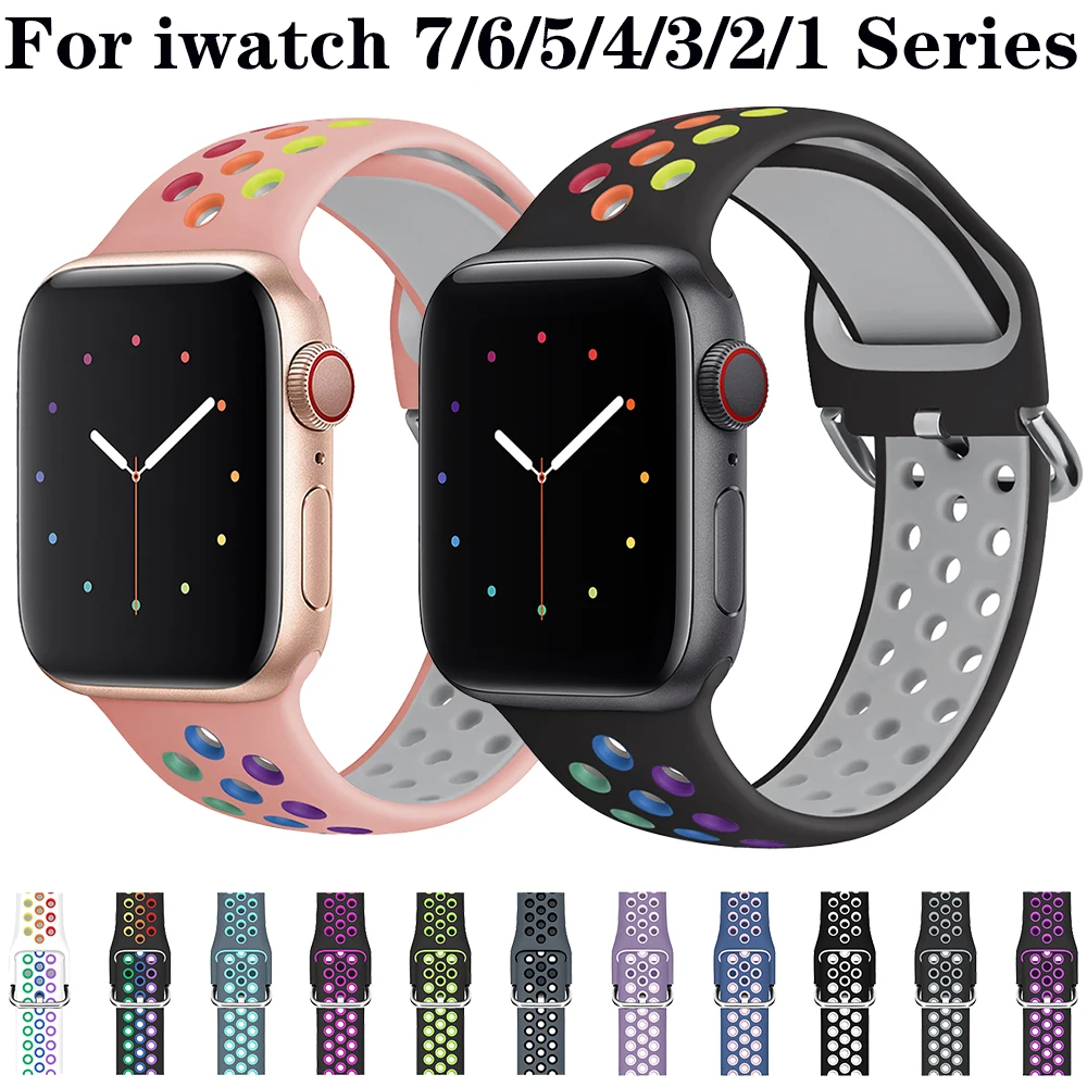

Ремешок силиконовый для Apple Watch Band 44 мм 42 мм 40 мм 38 мм, Воздухопроницаемый браслет для iWatch Watch Band 4 5 6 se 7 41 мм 45 мм