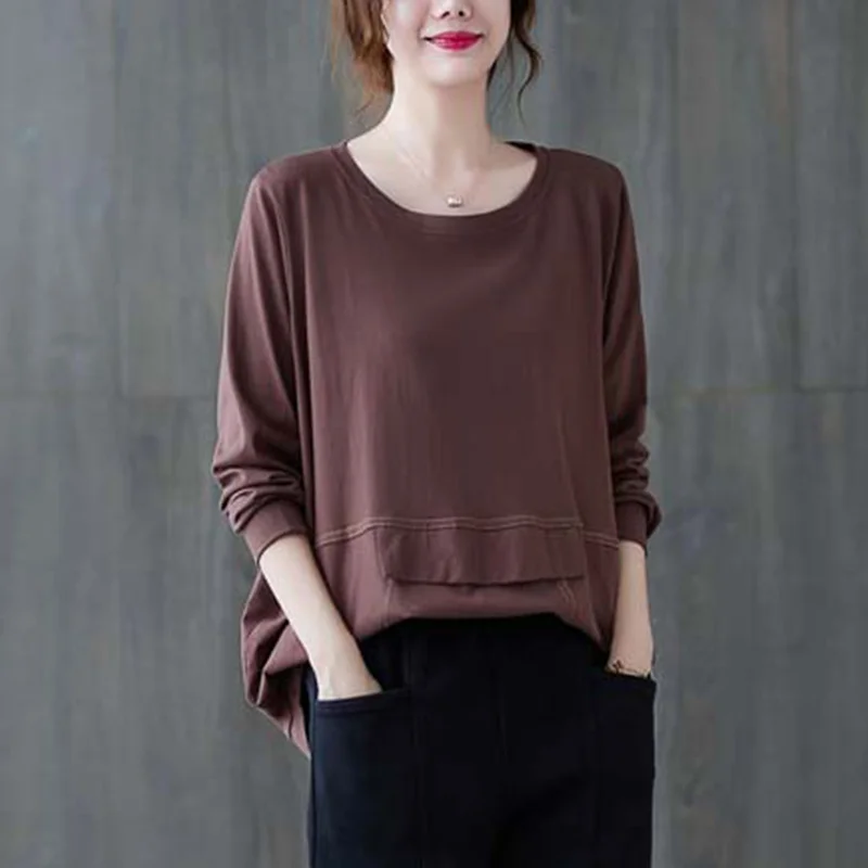 

#9062 Autumn Long Sleeve Loose Sweatshirts For Women Vintage Casual Loose Cotton Sweatshirt Ladies Brown Black Top No Pocket