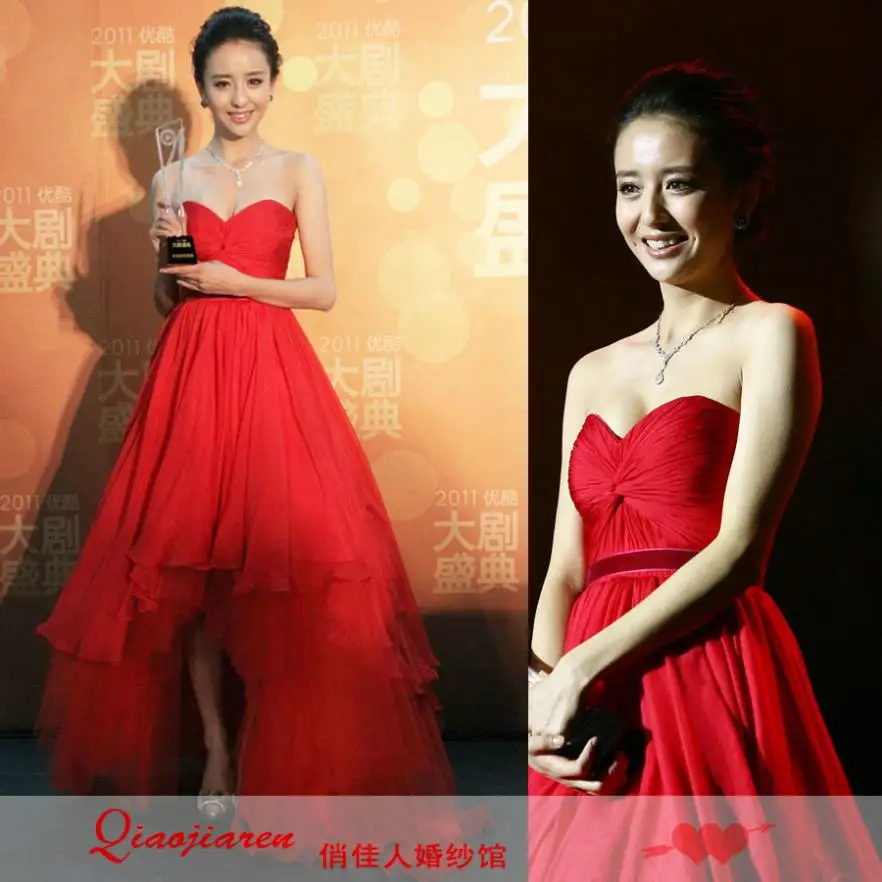 

free shipping bandage 2016 new arrival vestido longo Sexy red low-high tube top chiffon corsets with sleeves full red prom dress
