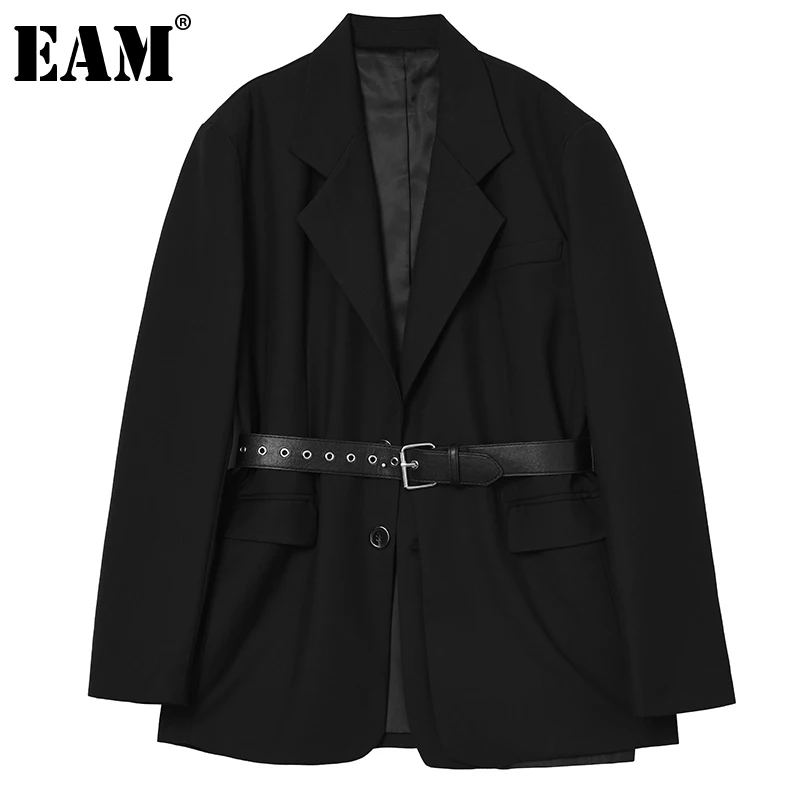 

[EAM] Women Black With Belt Oversized Blazer New Lapel Long Sleeve Loose Fit Jacket Fashion Tide Spring Autumn 2022 1DE1108