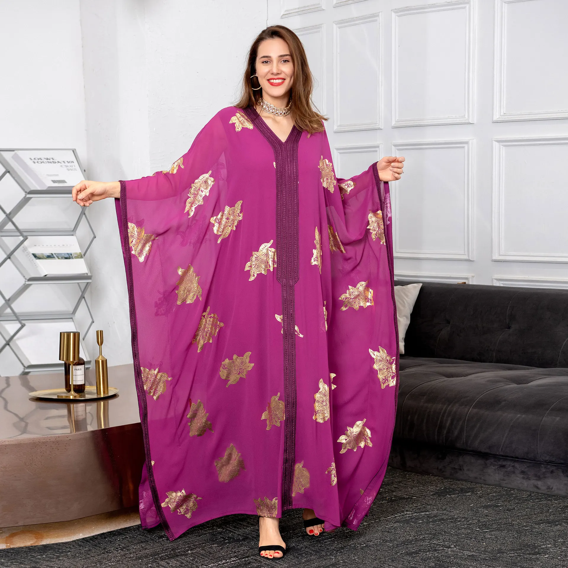Mandylandy Рамадан Макси платье абайя Средний Восток бронзирующий рукав летучая мышь мусульманская одежда Кафтан женские халаты кафтан абайя