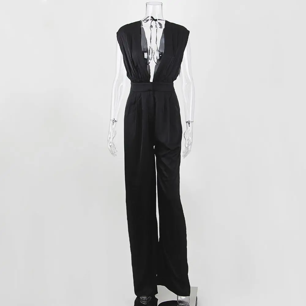 

Yesexy 2021 Sexy Deep V Neck Elegant Silk Backless Women Jumpsuits Wide Leg OL Office Long Overalls High Waist Rompers MQ352