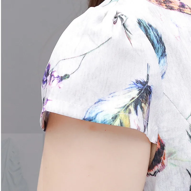 

New Summer Style Women Dresses O-Neck Over Hips Collect Waist Slim Pockets Print Short Sleeve Dress For Females One-Piece