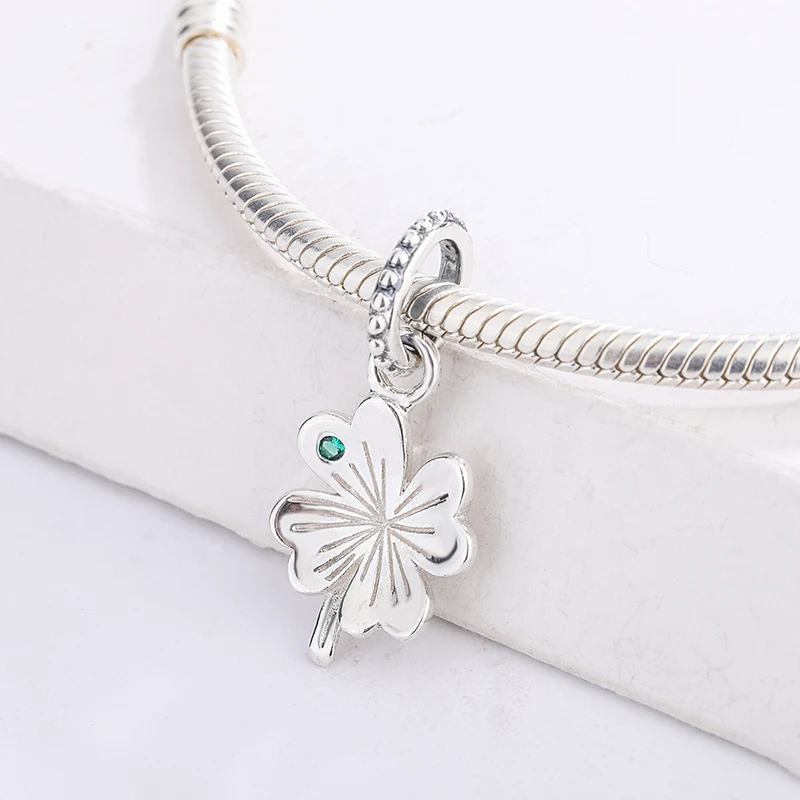

Fashion 925 Sterling Silver Lucky Four-Leaf Clover CZ Green Zircon Pendant Charms Bracelet DIY Jewelry Making For Pandora