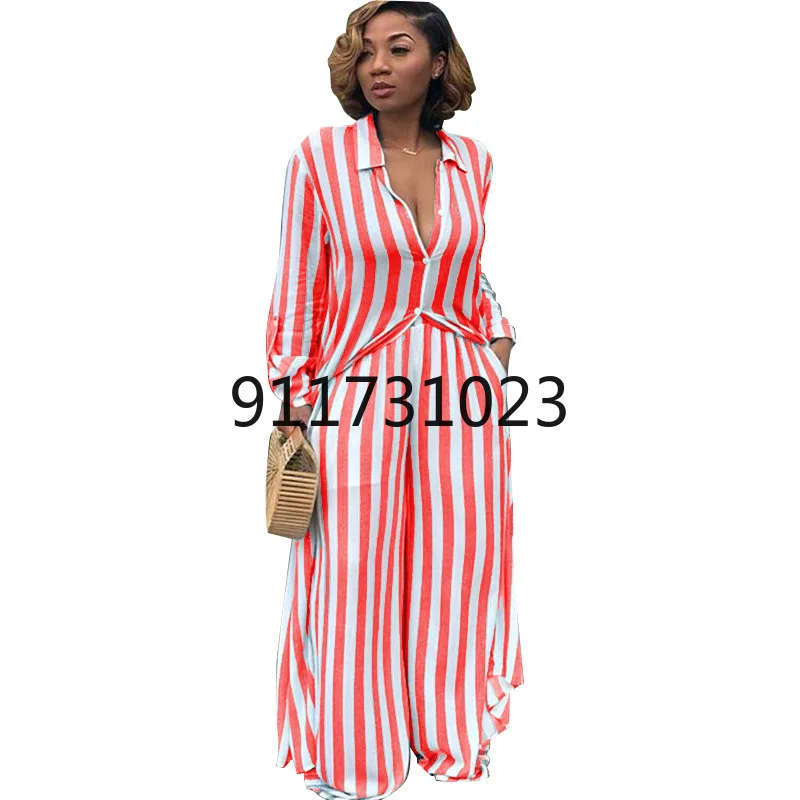 Women 2 Piece Matching Set Casual Striped Print Loose Long Shirt Wide Leg Pants Two-piece Suit Plus Size Outfits Yellow Clothes |