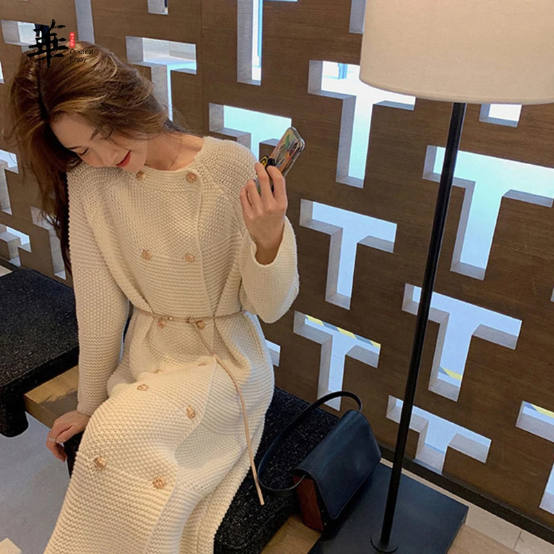 

Knit Midi Dress Round Neck Winter Dress Robes Elegant Solid High Waist Dresses for Women Vestido Maxi